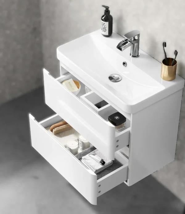 Crooked Gloss White Wall Hung Slimline Basin Drawer Vanity 600mm - Image 3